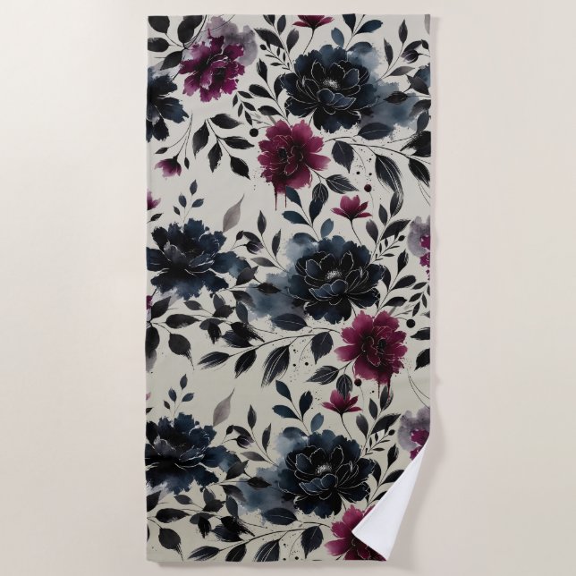 Mitternacht Blue Burgundy Inky Floral Almond Beige Strandtuch (Vorderseite)