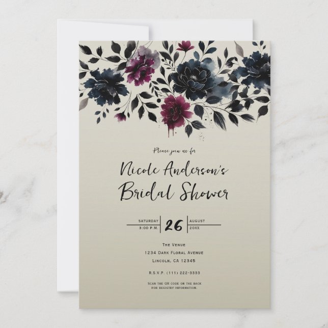 Mitternacht Blue Burgundy Inky Floral Almond Brida Einladung (Vorderseite)