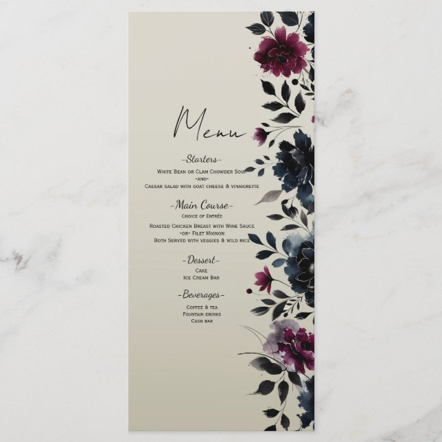 Mitternacht Blue Burgundy Inky Floral Almond Menü Menükarte (Vorderseite)