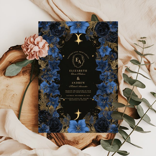 Mitternacht Blue & Gold Celestial Wedding Einladung (Von Creator hochgeladen)