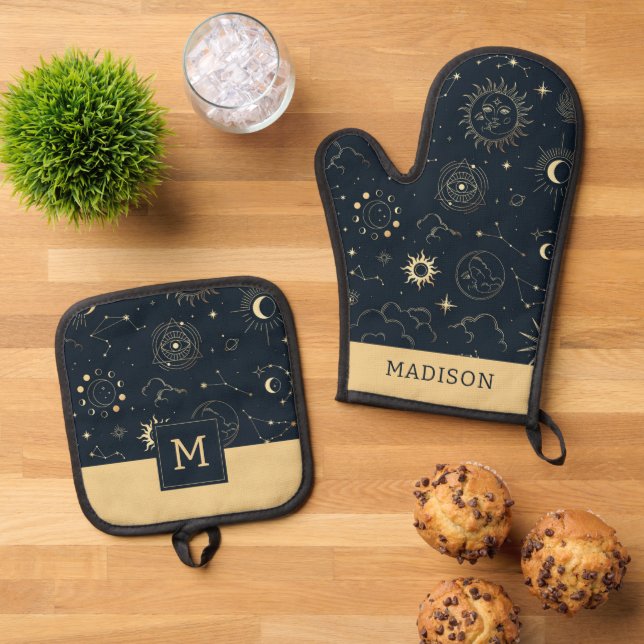 Mitternacht Blue Gold Star Konstellation Muster Ofenhandschuh & Topflappen-Set (Oben Unten)