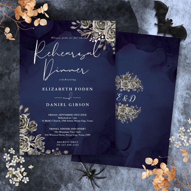 Mitternacht Blue Gothic Hochzeit Probe Dinner Einladung (Midnight Blue Gothic Wedding Rehearsal Dinner Invitation)