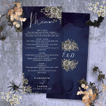 Mitternacht Blue Rose Blumengotik Hochzeitsessen Menükarte<br><div class="desc">Dieses elegante,  schwarz-goldfarbene Hochzeitsmenü kann mit Ihren Informationen in chic typografie personalisiert werden,  mit Ihren Monogramm-Initialen auf der Rückseite. Entwickelt von Thisisnotme©</div>