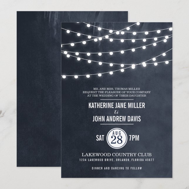 Mitternacht Blue String Lights Hochzeitseinladung Einladung (Vorne/Hinten)
