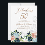 Mitternacht Blüte 50. Geburtstag Einladung<br><div class="desc">Schöne Gartenfloralen in Blautönen mit rot-rosa-grünen Akzenten kombiniert mit skizzierten Blumen und minimalistischen Schriftart. Karo in unserem Laden für personalisiertere Schreibwaren.</div>
