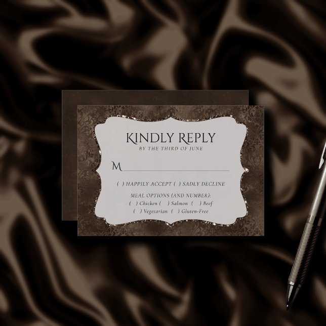 Mitternacht Bronze Romance | Satiny Damask Entree RSVP Karte (Von Creator hochgeladen)