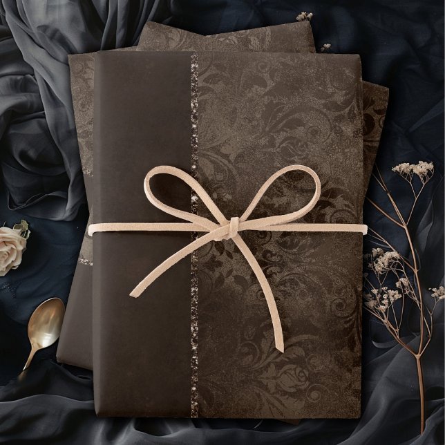 Mitternacht Bronze Romance | Satiny Grunge Damask Geschenkpapier Set (Von Creator hochgeladen)