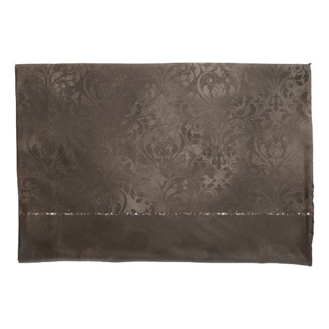 Mitternacht Bronze Romance | Satiny Grunge Damask Kissenbezug (Vorderseite-Links)