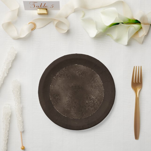 Mitternacht Bronze Romance | Satiny Grunge Damask Pappteller (Hochzeit)
