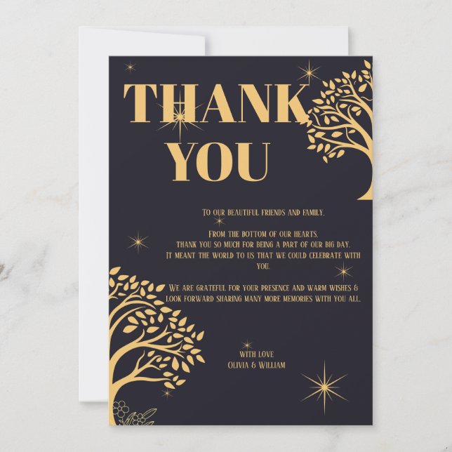 Mitternacht Elegance: Dunkle blaue Hochzeit Dankeskarte (Vorderseite)