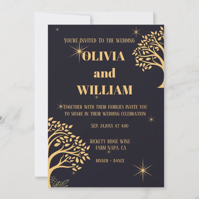 "Mitternacht Elegance: Dunkle blaue Hochzeit Einladung (Vorderseite)