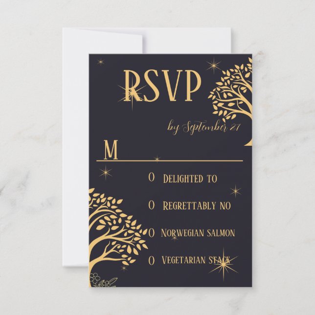 Mitternacht Elegance: Dunkle blaue Hochzeit RSVP Karte (Vorderseite)
