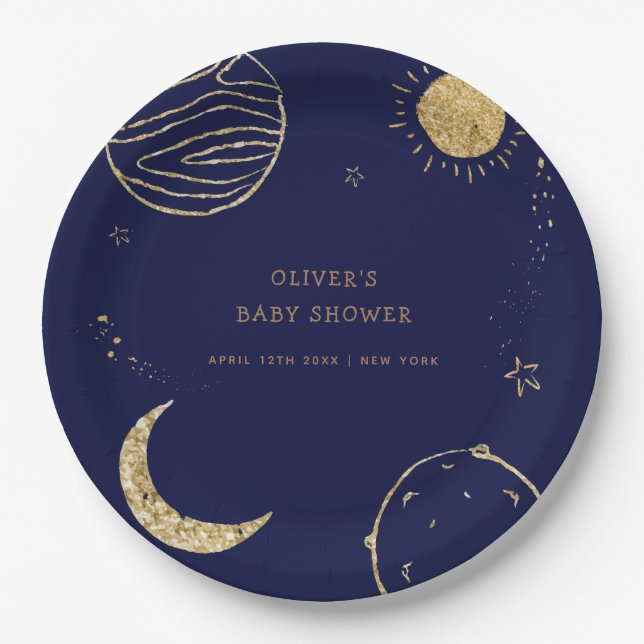 Mitternacht Galaxy Weltraumjunge Babydusche Pappteller (Vorderseite)