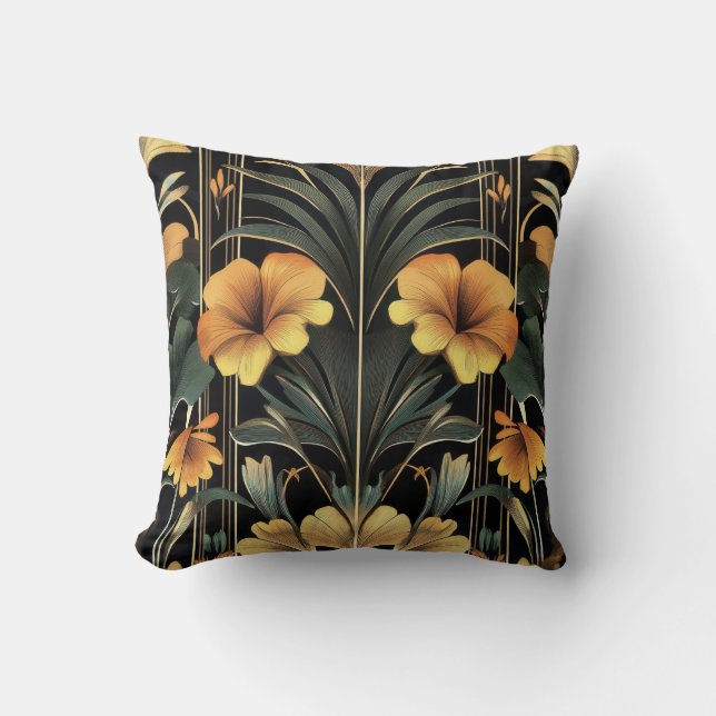 Mitternacht Gold Bloom Art Deco Kissen (Vorderseite)