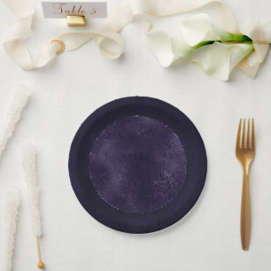 Mitternacht Indigo Romance   Satiny Grunge Damask Pappteller
