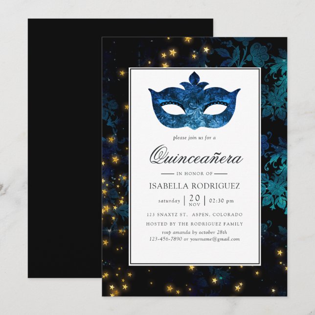 Mitternacht Masquerade Damask Quinceañera Einladung (Vorne/Hinten)