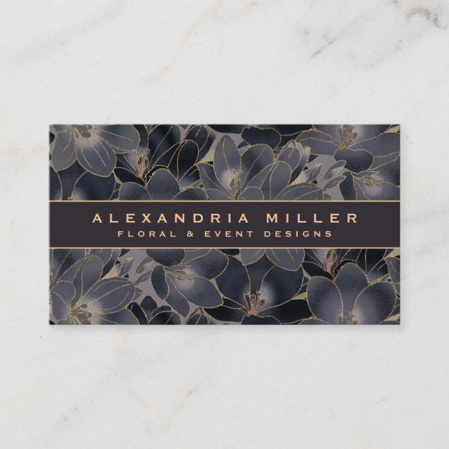 Mitternacht Navy Blue & Grau Floral Visitenkarte (Vorderseite)