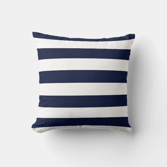 Mitternacht Navy Blue und White Stripes Kissen (Vorderseite)
