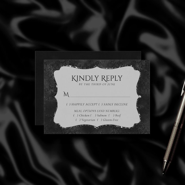 Mitternacht Onyx Romance | Black Satiny Damask Ent RSVP Karte (Von Creator hochgeladen)