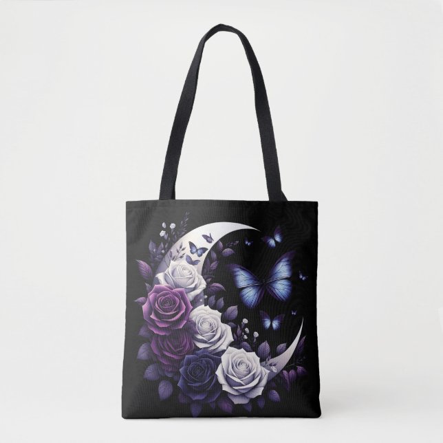 Mitternacht Rose, Halbmond und Schmetterlinge Tasche (Vorderseite)