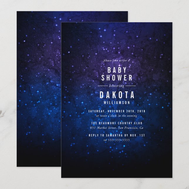 Mitternacht Sky & Shining Stars | Galaxy Babydusch Einladung (Vorne/Hinten)