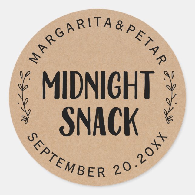 Mitternacht Snack Rustic Wedding Runder Aufkleber (Vorderseite)