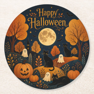 Mitternachtlich Halloween Schnurrhaare und Geister Runder Pappuntersetzer