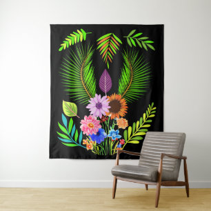 Mitternächtliche Blätter und botanische Blumen auf Wandteppich