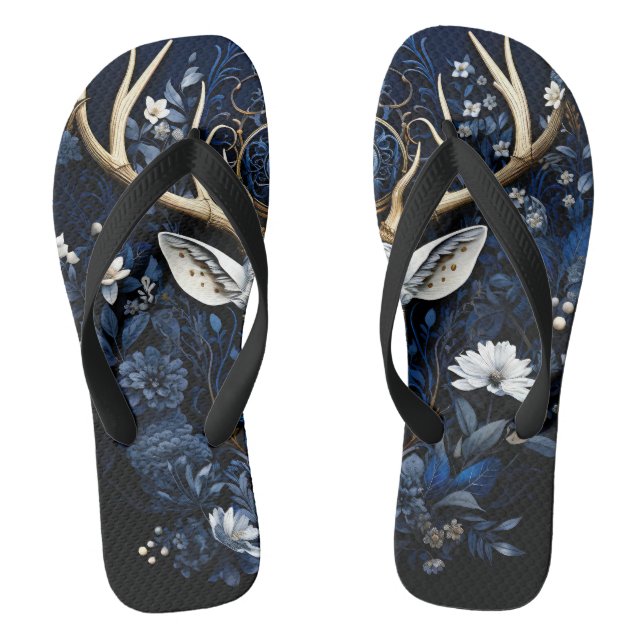 Mitternächtliche himmlische florale gotische Hirsc Flip Flops (Fußbett)