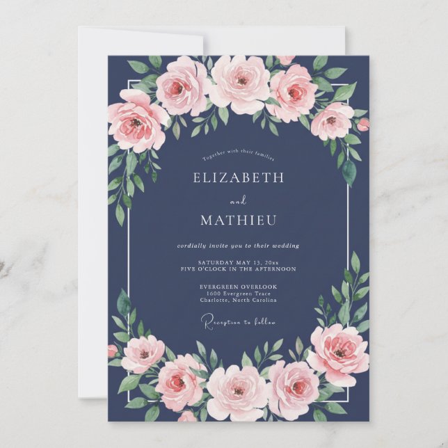 Mitternachts-Blush-Petal-Hochzeit Einladung (Vorderseite)
