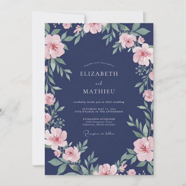 Mitternachts-Blush-Rebe-Hochzeit Einladung (Vorderseite)