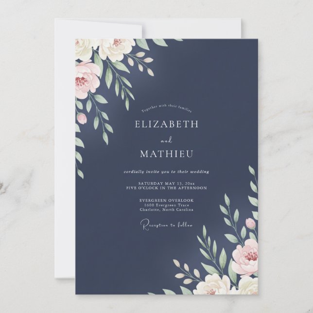 Mitternachts-Elfenbein-Blatt-Hochzeit Einladung (Vorderseite)