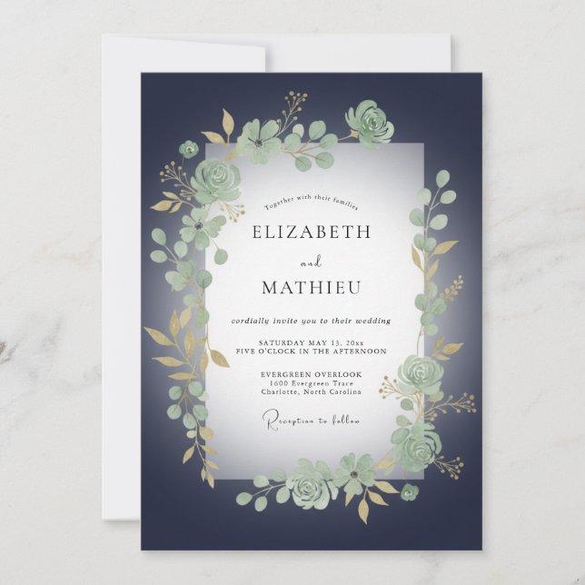Mitternachts-Eukalyptus-Hochzeit Einladung (Vorderseite)