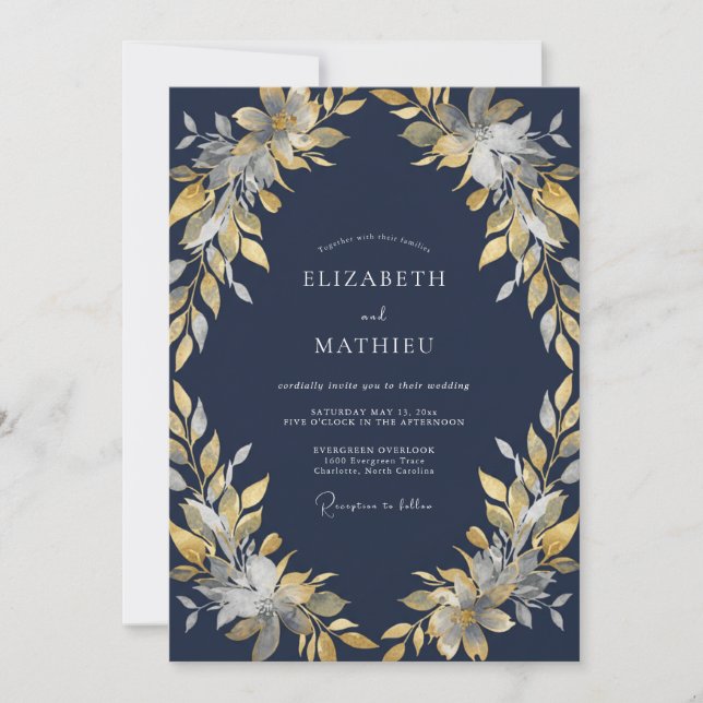 Mitternachts-Gold-Blatt-Hochzeit Einladung (Vorderseite)