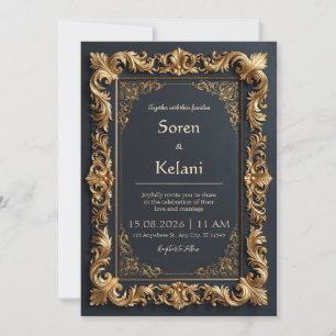 Mitternachts-Gold-Filigran-Rand-Hochzeit Einladung