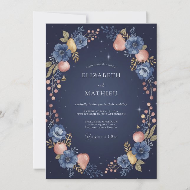 Mitternachts Indigo Frucht Eukalyptus Hochzeit Einladung (Vorderseite)