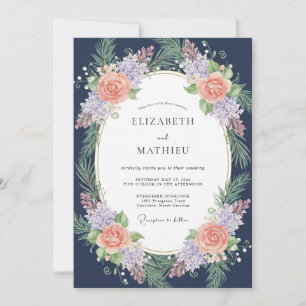 Mitternachts-Korallen-Lila-Kranz-Hochzeit Einladung