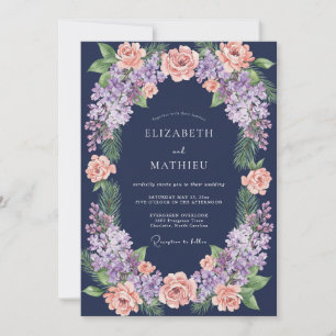 Mitternachts-Korallen-Lilien-Eukalyptus-Hochzeit Einladung