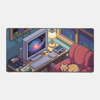 Mitternachts-Lofi-Pixel-Art-Retro-Zimmer-Schreibti Schreibtischunterlage