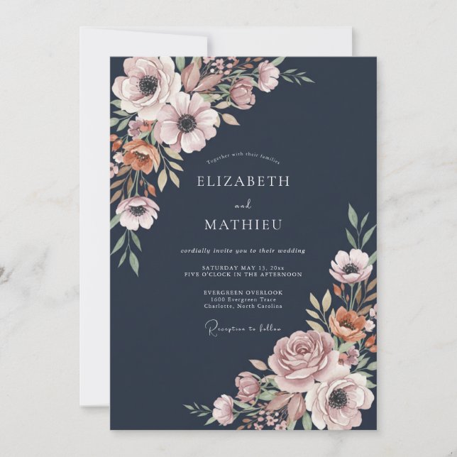 Mitternachts-Malven-Anemonen-Hochzeit Einladung (Vorderseite)