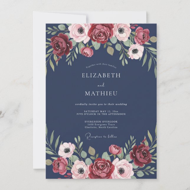 Mitternachts-Maronen-Anemonen-Hochzeit Einladung (Vorderseite)