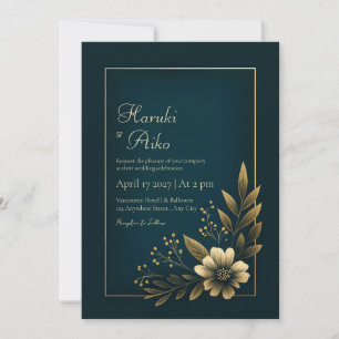 Mitternachts-Navy-Gold-Botanische-Hochzeit Einladung