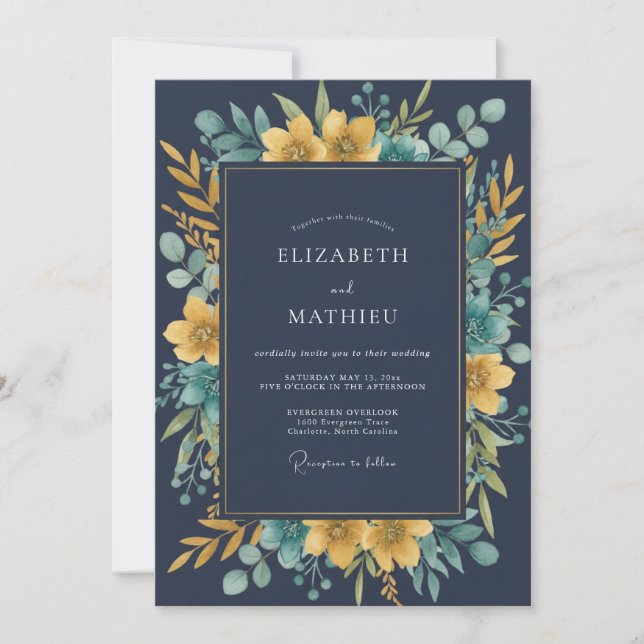Mitternachts-Senf-Eukalyptus-Hochzeit Einladung (Vorderseite)