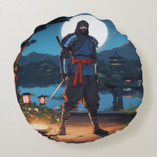 Mitternachts-Shinobi-Krieger: Stealth-Ninja-Mondli Rundes Kissen