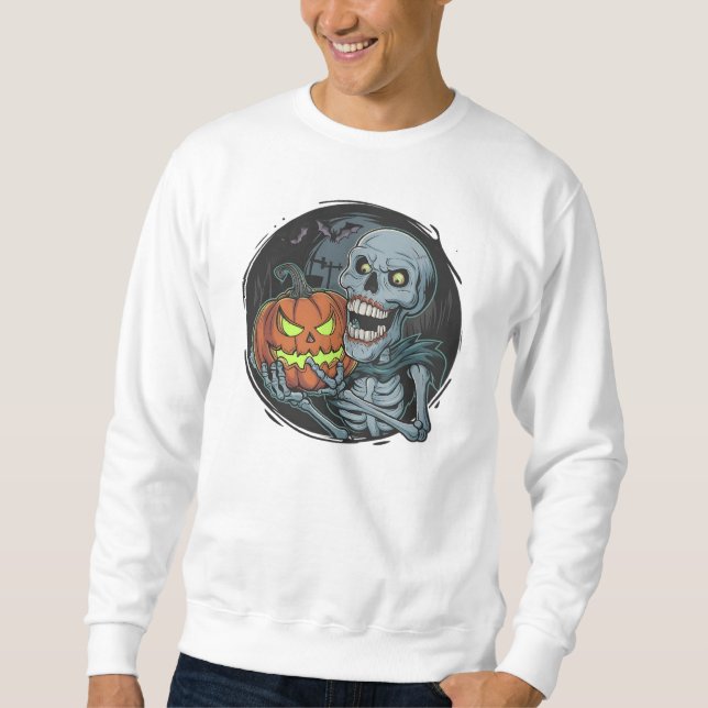 Mitternachts-Skelett mit Kürbis-Glanz Sweatshirt (Vorderseite)