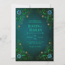 Mitternachts-Teal-Blüten-Hochzeit Einladung