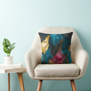 Mitternachts-Teal- und Goldmarmor-Fusion Kissen