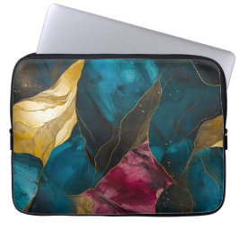 Mitternachts-Teal- und Goldmarmor-Fusion Laptopschutzhülle