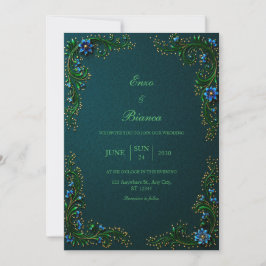 Mitternachts-Teal-vergoldete-Blüten-Hochzeit Einladung