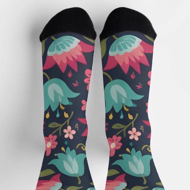 Mitternachts-Tulpe & Teal-Blüte Socken (Oben)